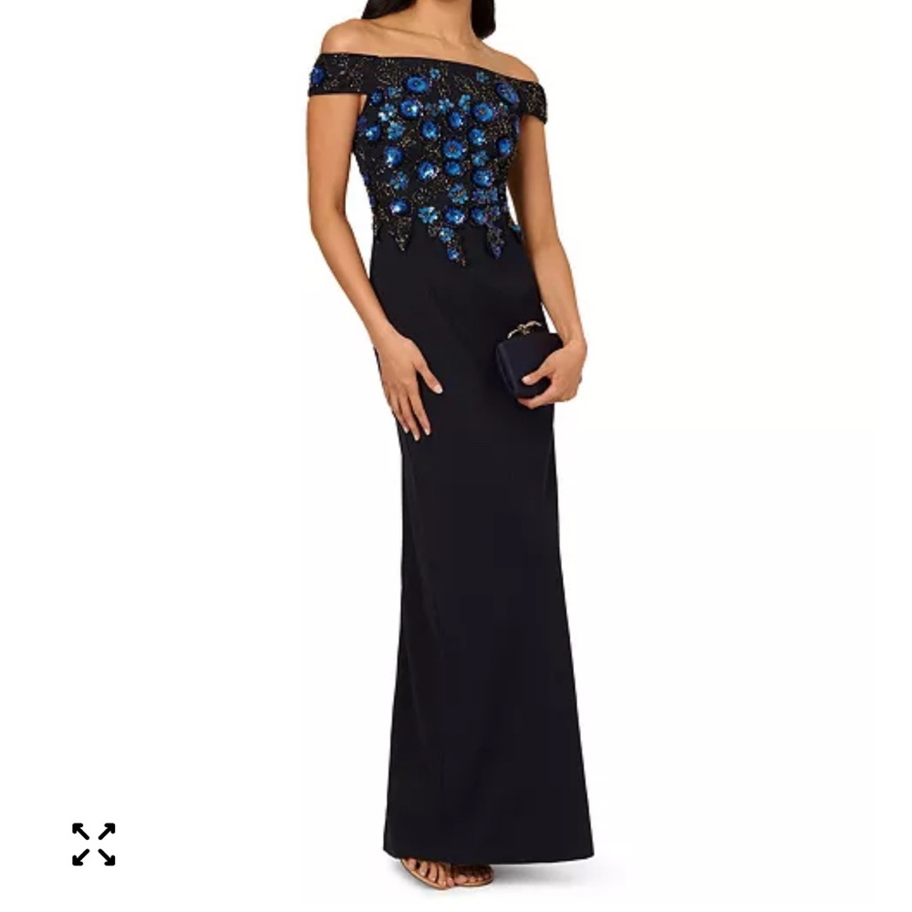 Adrianna Papell Black Off-Shoulder Gown with Blue Sequin Floral Bodice